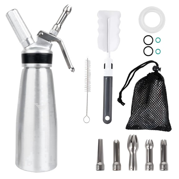 Aluminum Whipped Cream Dispenser 500 ml(N2O Chargers Not Included), Cream Whipper with 5 Decorating Nozzles, 2 Cleaning Brushes, 5 Rubber Rings,
