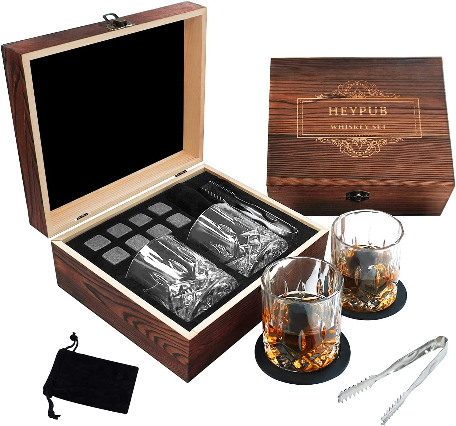 Bezrat Whiskey Glass Gift Set With Wood Stand – 10 Oz Twist Glasses, Granite Chilling Stones, Tongs & Coasters