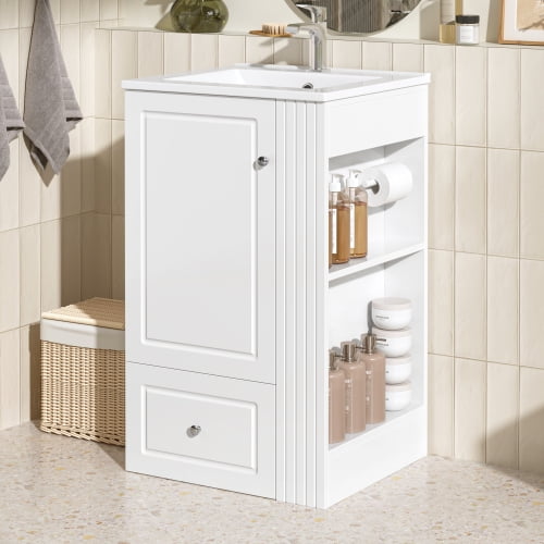 white 20" Freestanding Bathroom Vanity with Ceramic Sink, Single Faucet Hole, MDF Storage Cabinet with Soft-Close Drawer, Open Side Shelves with Pinewood Towel Bar