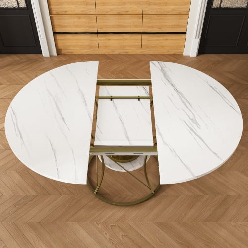 white 43 inch Round Extendable Dining Table with Storage Shelf & Gold Metal Base