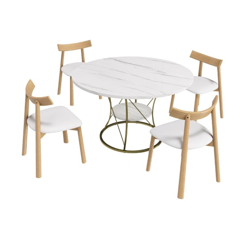 white 5pcs Round Extendable Dining Table Set with 4 Solid Wood Chairs, Rail-Free Manual Extension Table with Marble Veneer & Gold Metal Base