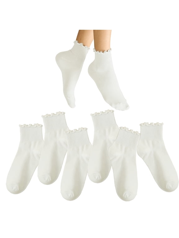 6 Pairs White Ankle Socks Women, Cute Ruffle Sock for Girl Women, Crew Frilly Sock