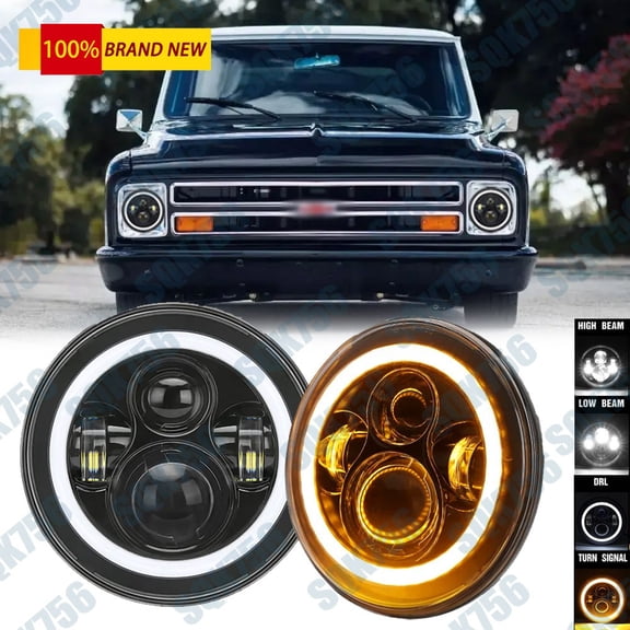 white Halo Angle Eyes 7" LED Headlights For Chevy C10 C20 C30 Pickuop 1966-1974