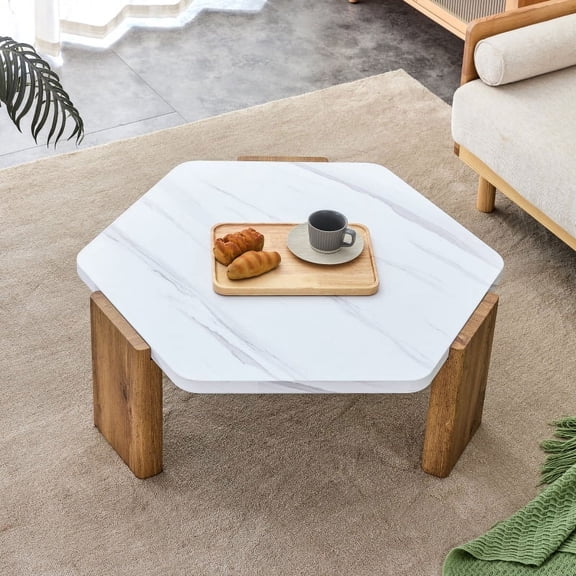 A white MDF material circular patterned coffee table, a 31.4-inch white center table, modern coffee table, suitable for small spaces and living rooms.