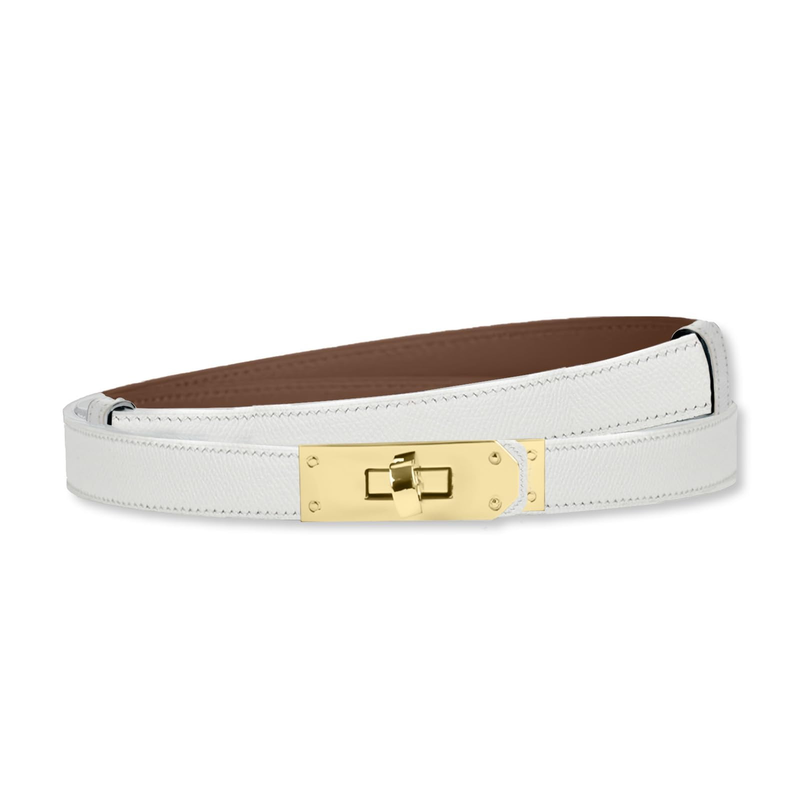 white Women's Skinny Leather Belt Alloy Twist Lock Adjustable Belt