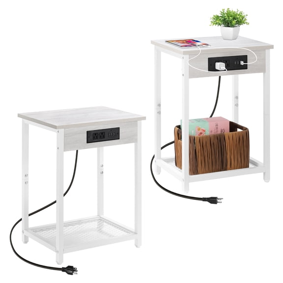 white bedside table 2-piece bedside table with charging station Small end table with USB port and power socket suitable for bedroom living room