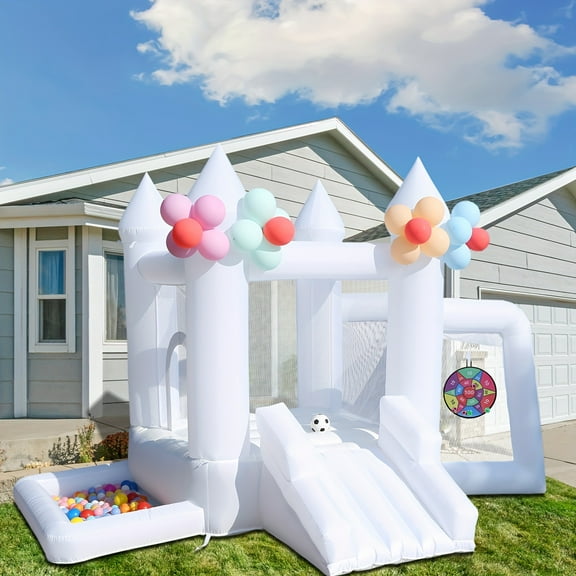 white bounce house - inflatable castle with slide and basketball hoop, perfect inflatable trampoline for kids, weddings, birthdays and party gifts