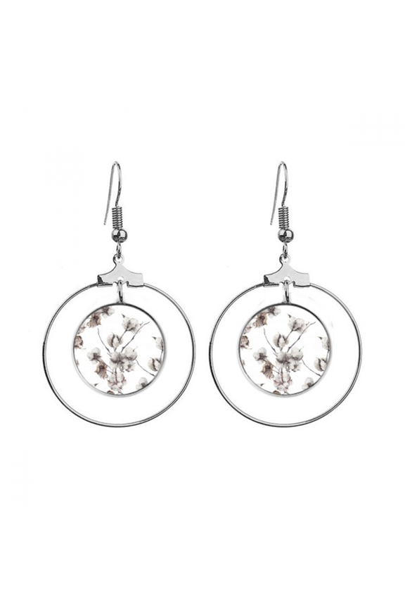 white flowers drawing art earrings dangle hoop jewelry drop circle