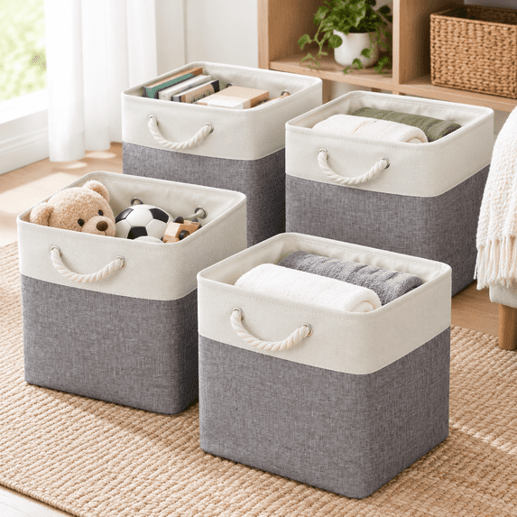 white&grey 12"L x 12"W x 12"H Fabric Storage Cube Baskets Set of 4 ...
