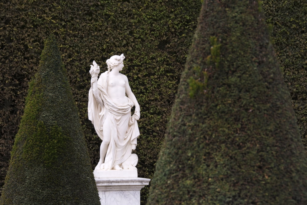 A white marble statue is shown against the green of a tall hedge in the gardens of Versailles Paris France Canvas Art - Philippe Widling Design Pics (19 x 12)