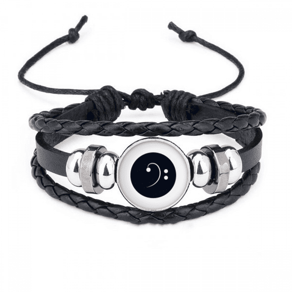 white music bass clef black bracelet braided leather woven wristband