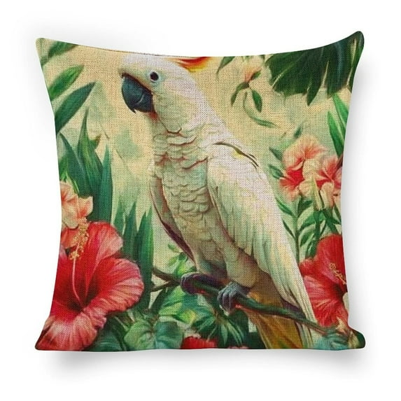 white parrot tropical flowers Linen toss pillowcase decoration pillowcase gifting preferred 20x20 inch cushion cover sofa pillowcase sofa bedroom living room car