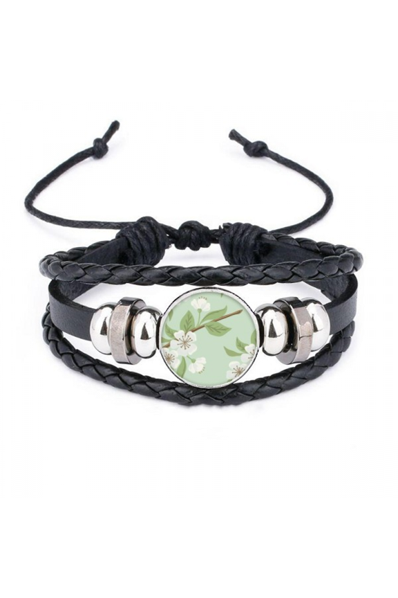 white peach flower drawing bracelet braided leather woven wristband