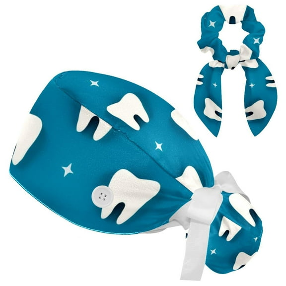white teeth on blue background (2) Women Surgical Cap with Bow Hair Matching Scrunchys, Long Hair Scrub Hat with Bow Hair Matching Scrunchy Ponytail Holder