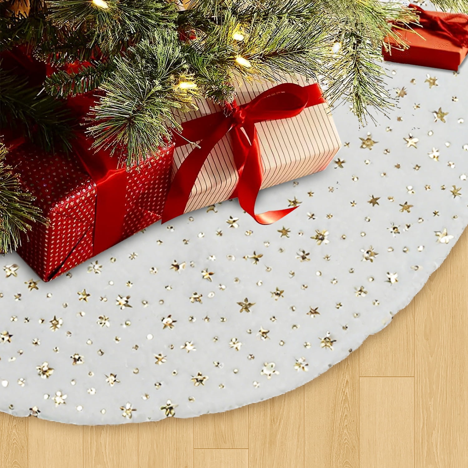 BN-LINK Christmas Tree Skirt, 48 Inch Faux Fur White Tree Skirts with Gold Little Star, Xmas Tree Mat for Holiday Home Decorations