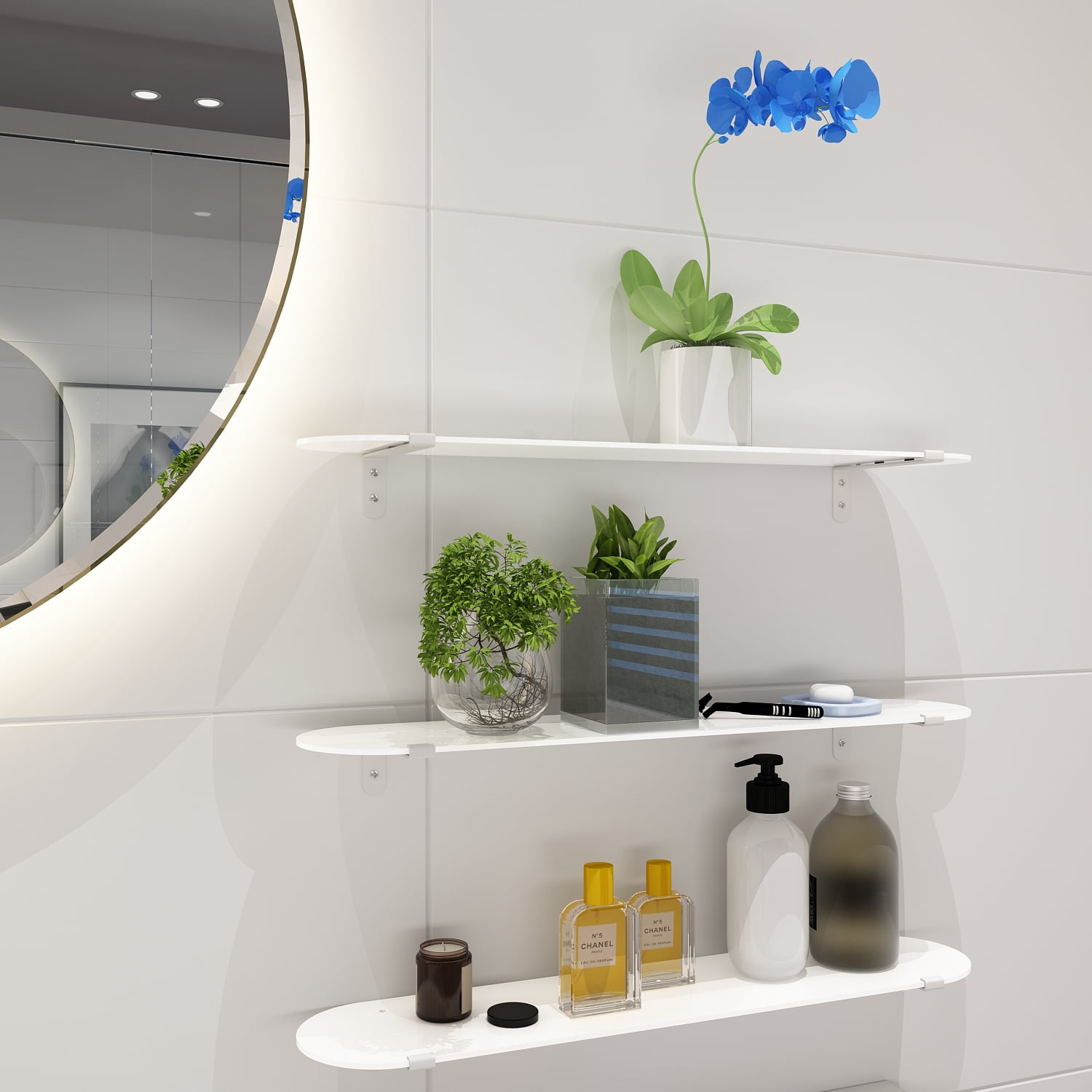 whitebeach Set of 3 Glass Shelves,Glass Shelf Bathroom Floating Wall Shelf  Display Ledges – Storage for Bedroom, Living and Hallway White(Hardware  Included) - Walmart.com, image size:1500x1500