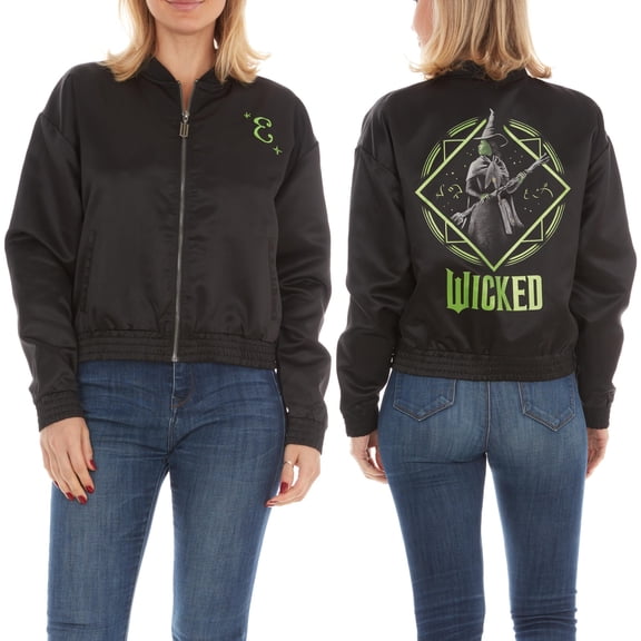 wicked Elphaba Womens, Ladies & Juniors Satin Bomber Jacket with Embroidery & Metallic Foil Back Graphic, Black, Medium