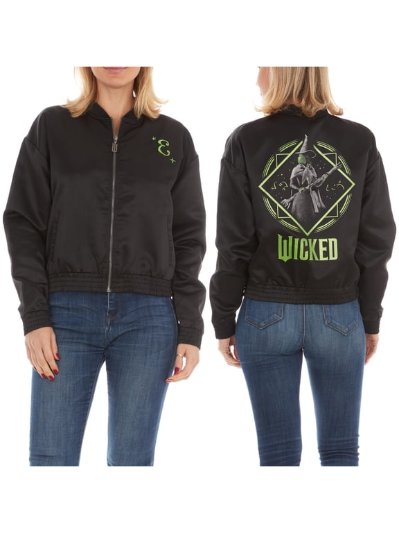 Elphaba Womens, Ladies & Juniors Satin Bomber Jacket with Embroidery & Metallic Foil Back Graphic, Black, XX-Large