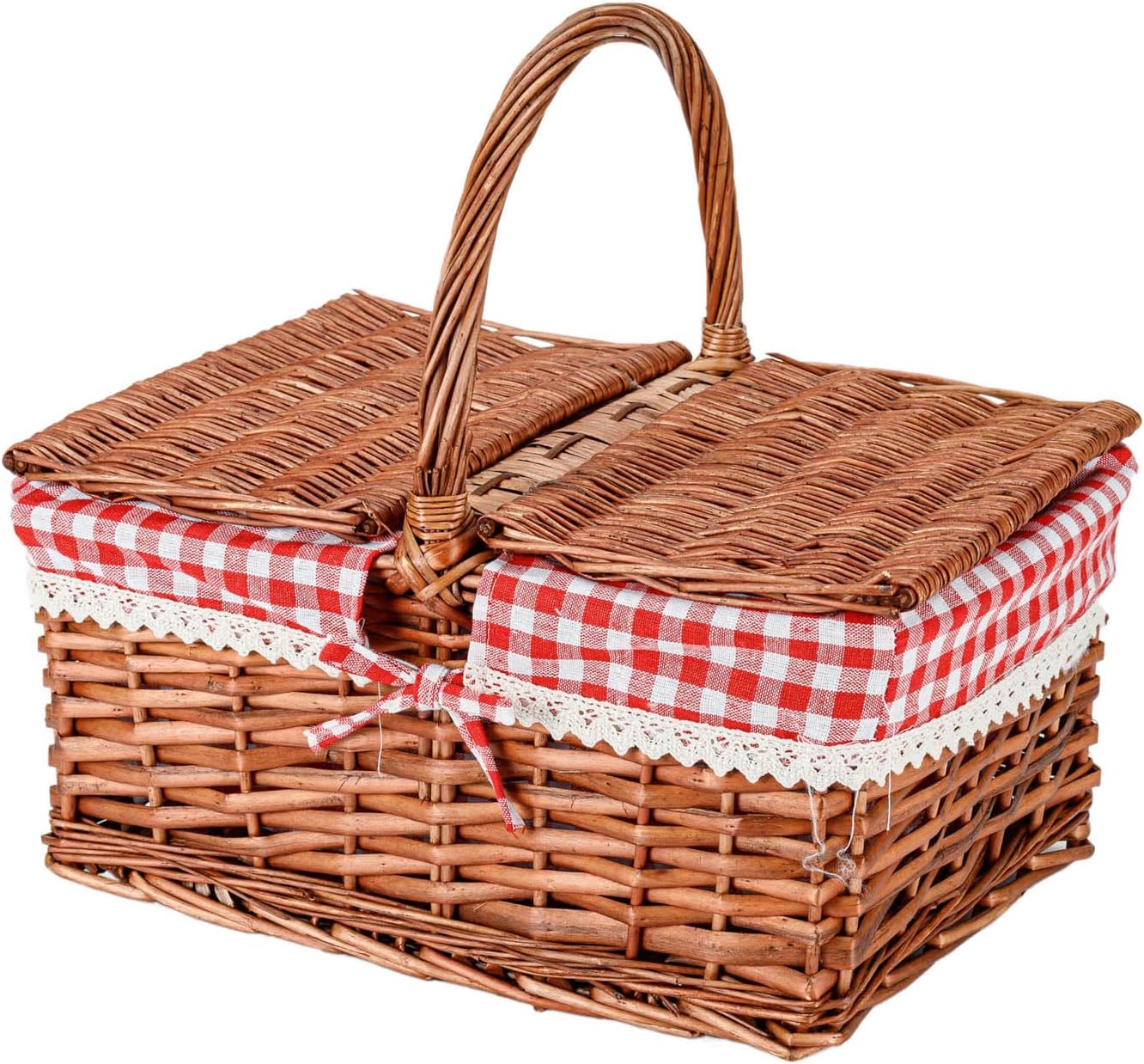 wicker picnic basket with double lids and handle with washable lining basket for eggs, candy