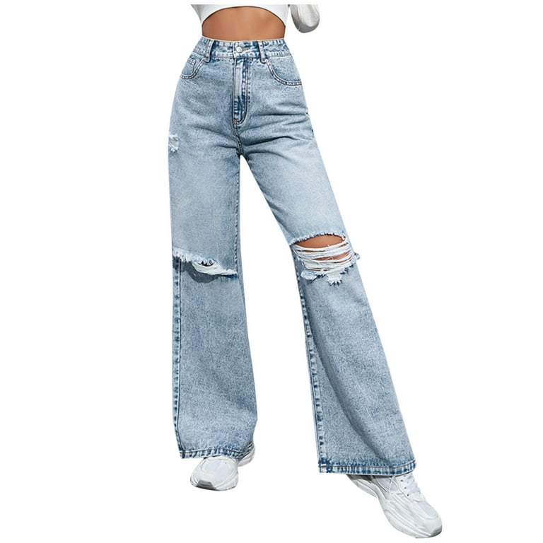 Breniney High Idolize High Trousers Pocket Waist Elastic Pants Jeans Denim  Hole Loose Women's Jeans