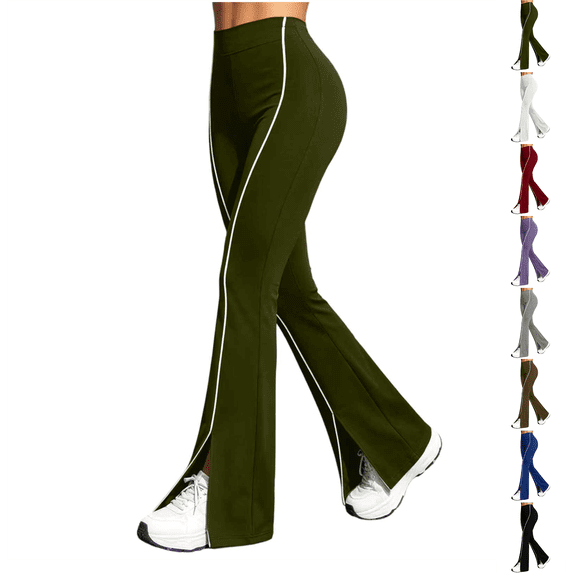 wide leg sweatpants women Nelozsy Women's Fashion Solid Color Elastic Waist White Stripe High Waist Split Flare Sweatpants Long Pants Army Green S