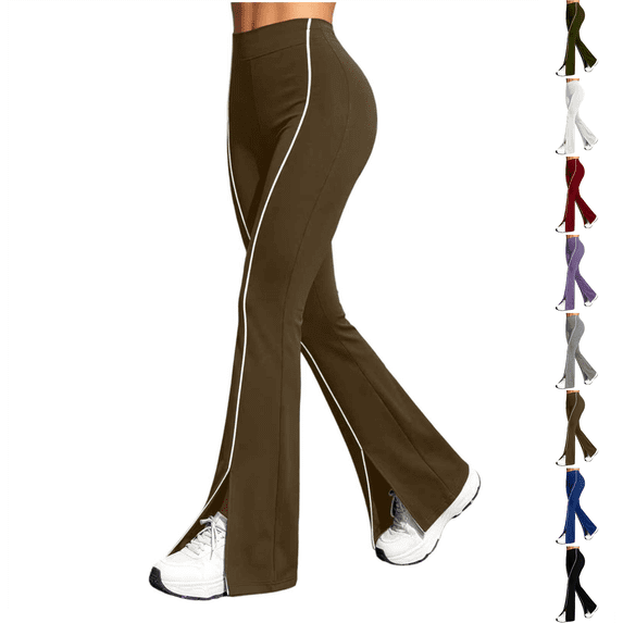 wide leg sweatpants women Nelozsy Women's Fashion Solid Color Elastic Waist White Stripe High Waist Split Flare Sweatpants Long Pants Brown S