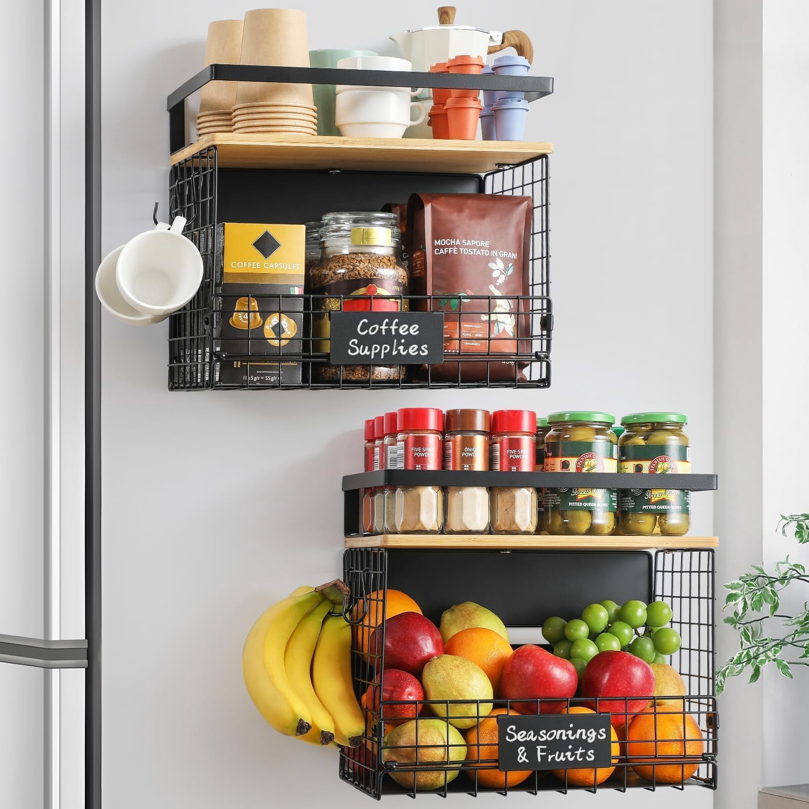 [wider Shelf] 2 Set Strong Magnetic Shelf Basket For Fridge With Tag & Top  Xxl Large Spice Rack Shelves Side Of Refrigerator Kitchen Pantry Storage Organizer Food Fruit Veg