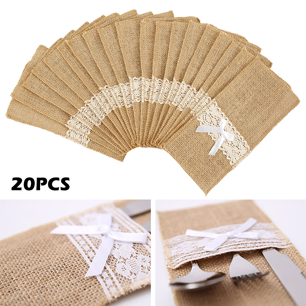 widshovx 20pcs Natural Burlap Lace Utensil Cutlery Holders Pouch Bags Knifes Forks Napkin