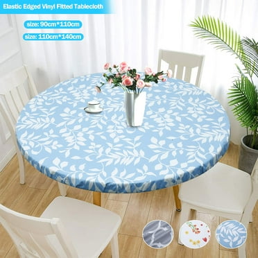 widshovx Waterproof Round Table Cover Fitted Clear Vinyl Tablecloth Elastic Edge Oil-proof Wipeable Indoor Outdoor Plastic Table Cover Blue Leaf 35"-43" (90 cm-110 cm)