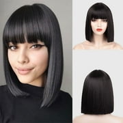 wigs human hair Women's Wig Short Straight Hair with Flat Bangs Bob One Cut High Temperature Wire Wig Headcover lace front wigs, Black