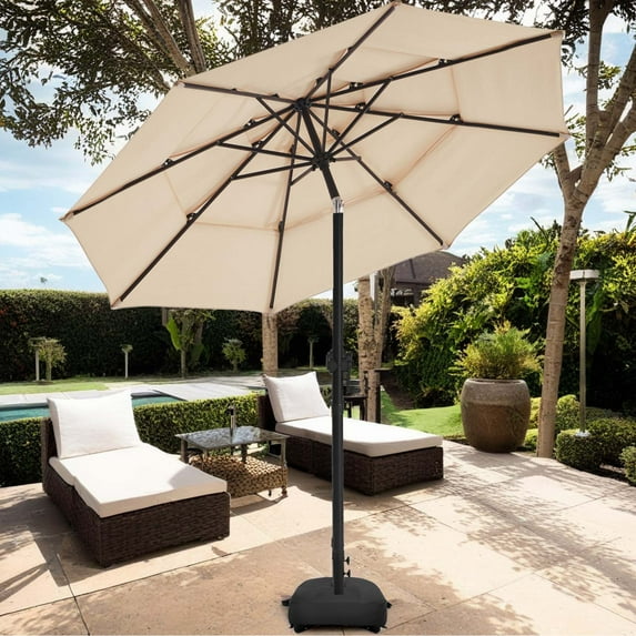 wikiwiki 10 FT-3 Tiers Patio Umbrellas with Base Included, Fade-Resistant, Waterproof Polyester DTY Umbrellas with 8 Sturdy Ribs for Garden, Lawn, Deck, Backyard and Pool,Beige