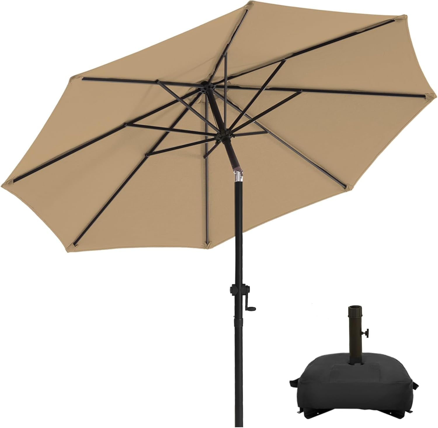 wikiwiki 10FT Patio Umbrellas with Base Included, Outdoor Umbrella with Sandbag Base, 8 Sturdy Ribs, Fade Resistant Waterproof POLYESTER DTY Canopy for Garden, Lawn, Deck, Backyard & Pool，Tan