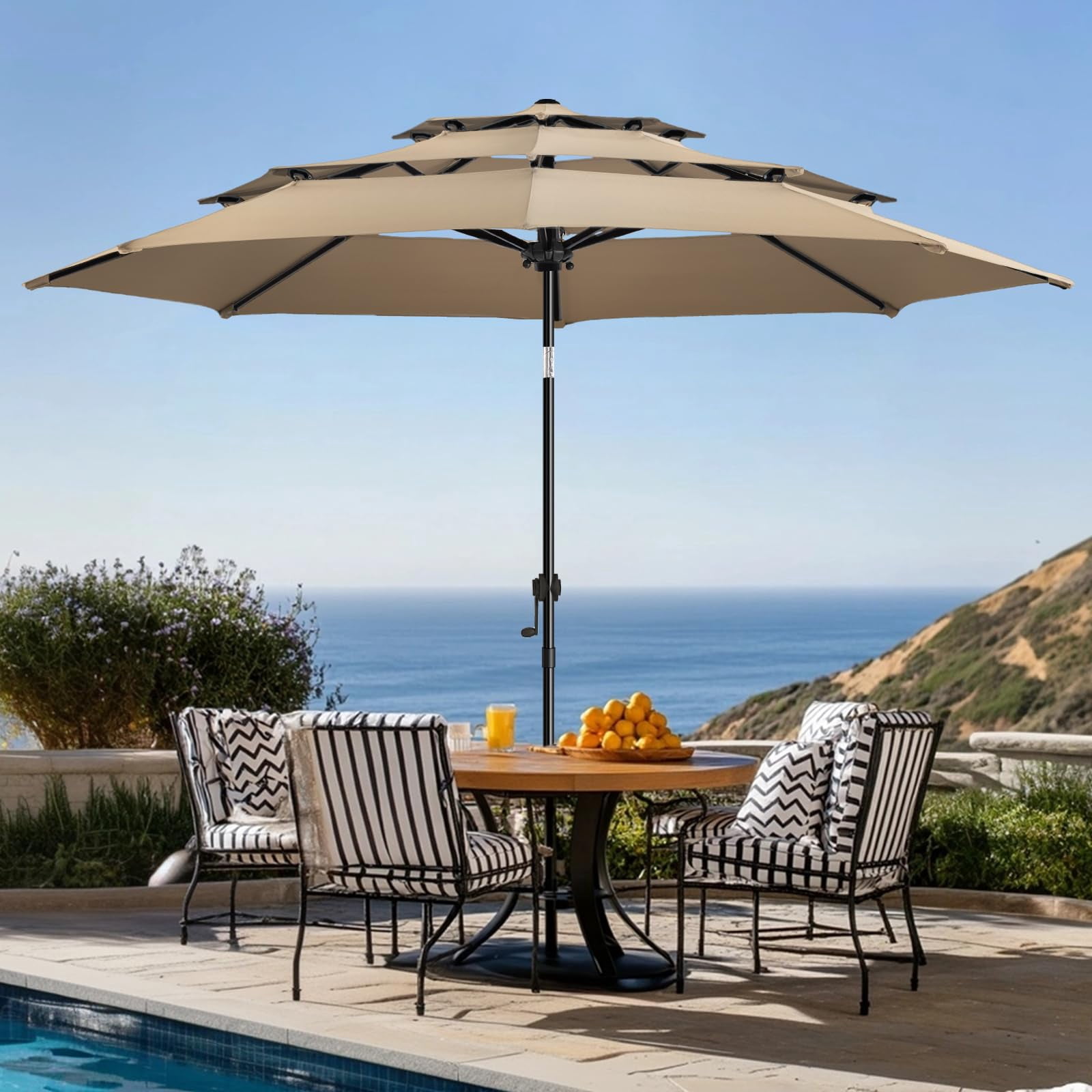 wikiwiki 10ft 3-Tier Patio Umbrella Outdoor Table Market Umbrella for Patio with Push Button Tilt/Crank, Fade Resistant Waterproof POLYESTER Canopy for Garden, Lawn, Deck, Backyard & Pool, Tan