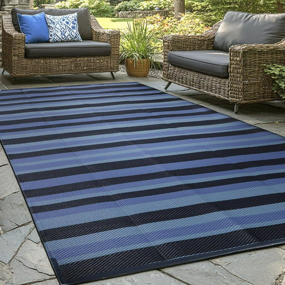 wikiwiki Outdoor Rug, 8x10ft Waterproof Reversible Mat Indoor Outdoor Rugs Carpet, Small Area Rug Plastic Straw Rug for Patio Deck Balcony Pool RV Camping Beach Picnic, Black & Blue, Rugscape Series