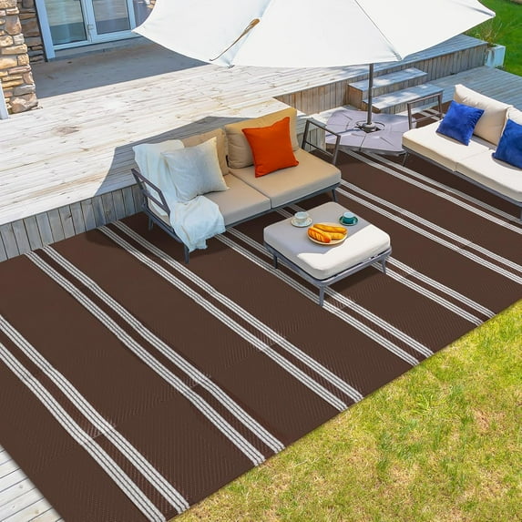 wikiwiki Outdoor Rug, 9x18ft Waterproof Reversible Mat Indoor Outdoor Rugs Carpet, Small Area Rug Plastic Straw Rug for Patio Deck Balcony Pool RV Camping Beach Picnic, Brown & White, Rugscape Series