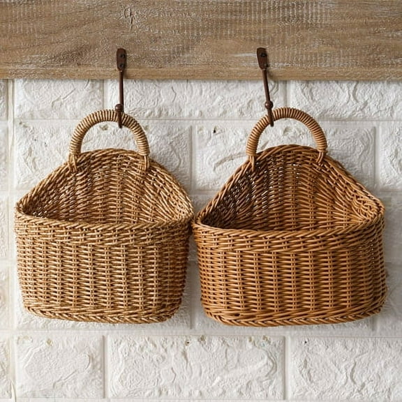 wileqep Wicker Storage Basket with Handle Shopping Basket Semi-Circular Woven Rattan Wall Hanging Planter Basket for Home Garden Wedding Wall Decor - 1PC