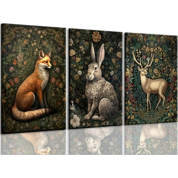 william morris animal wall art Fox rabbit sika deer Canvas Posters Prints Forest Wild Animal Pictures Paintings Gothic Botanical Floral Oil Wall Decor for Bedroom(only canvas)