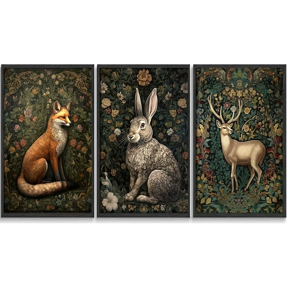 william morris animal wall art Fox rabbit sika deer Canvas Posters Prints Forest Wild Animal Pictures Paintings Gothic Botanical Floral Oil Wall Decor for Bedroom(only canvas)