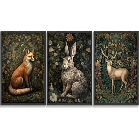william morris animal wall art Fox rabbit sika deer Canvas Posters Prints Forest Wild Animal Pictures Paintings Gothic Botanical Floral Oil Wall Decor for Bedroom(only canvas)