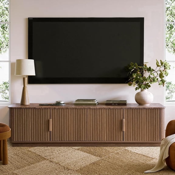 win2win Modern Fluted TV Stand for 80" TV with Faux Marble Top and Storage, Walnut