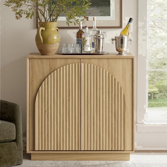 win2win Fluted Sideboard Buffet Cabinet with Storage, 31.5" Modern Boho Accent Cabinet with Double-Layered Arch Doors, Small Wood Console Credenza for Living Room, Dining Room, Entryway, Hallway, Oak