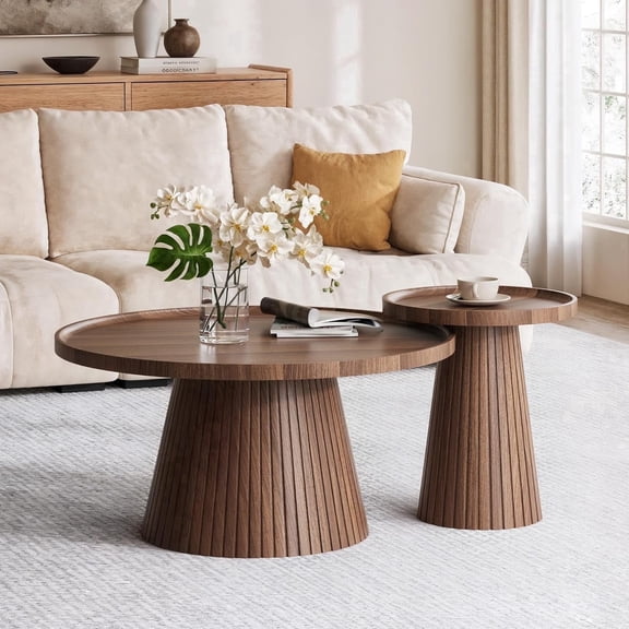 Rafasarr Nesting Coffee Table Set of 2, Mid Century Modern Fluted Round Tables, Walnut Wood Grain