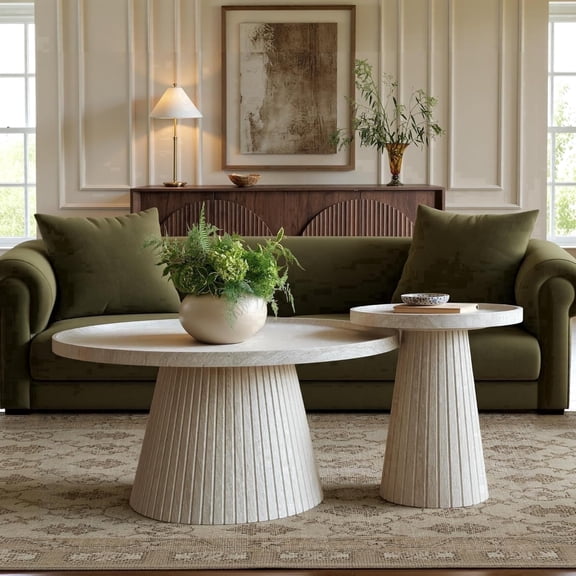 Rafasarr Nesting Coffee Table Set of 2, Modern Fluted Coffee Table with Faux Stone Veneer, Travertine Round Tea Table and End Table Set, Minimalist Center Tables for Living Room, Office, Stone