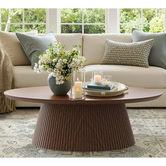 win2win Oval Coffee Table, Mid Century Modern Coffee Table with Fluted Design, Small Funky Tea Table with Wood Grain Veneer, Minimalist Center Table for Living Room, Apartment, Office, Walnut