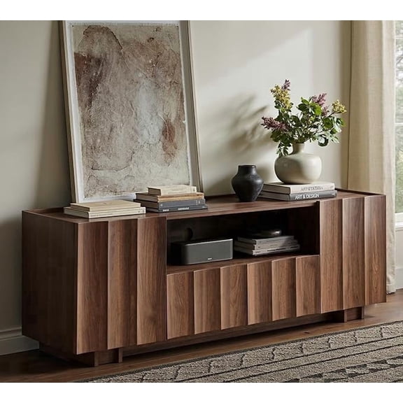 win2win Mid-Century Modern TV Stand for 70" TV, Wave Design, Adjustable Shelves, Walnut