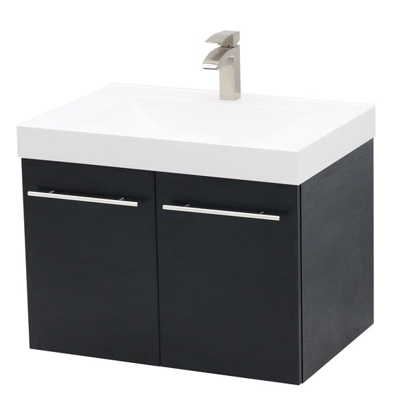 WindBay Wall Mount Floating Bathroom Vanity Sink Set. Black Vanity, White Integrated Sink Countertop - 29.25"