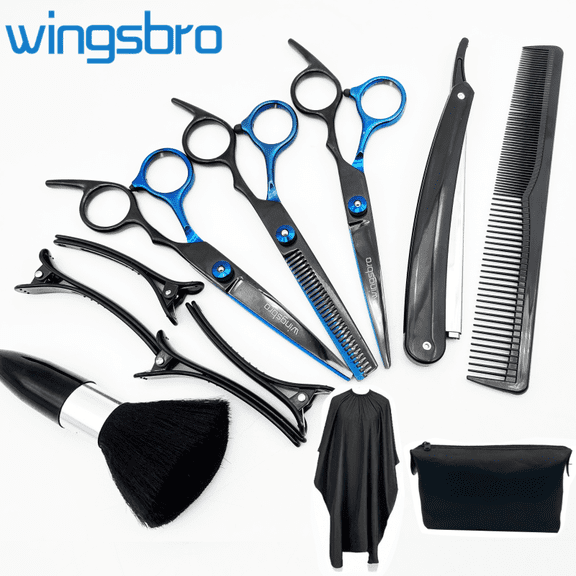 wingsbro Professional Haircutting Scissors Kit for Homeuse and Salon Barber, Flat & Thinning Scissors Kit with Accessories