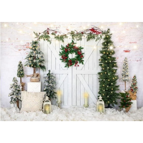 winter Backdrop Boho White Wood Door Little Christmas Tree Glitter Lighted Photography Background Party ration Banner