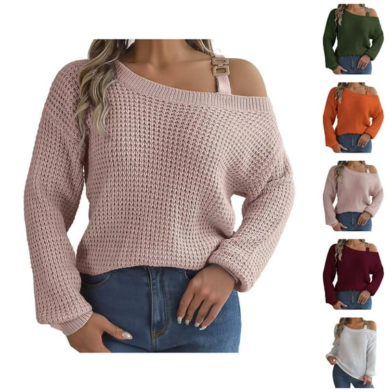 winter clothing for women Women's Pullover Sweater Fashion Metal Buckle Strap Cold Shoulder Long Sleeves Knit Sweaters Pullover Knitwear Tops for Stylish Outfits