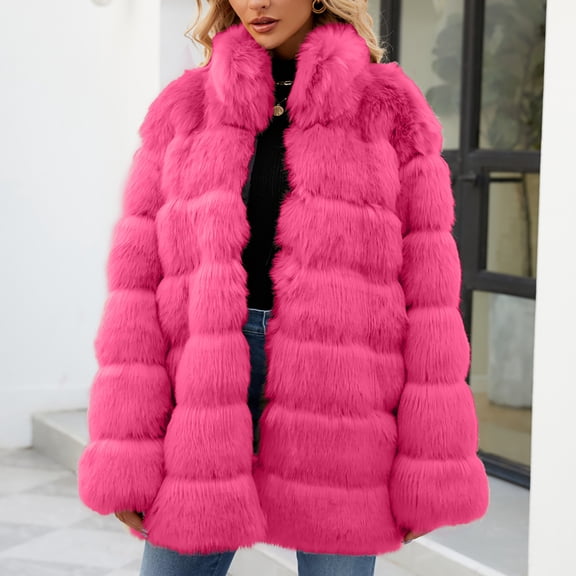 winter jackets for women,Hot Pink Womens Fuax Fur Coat Winter Warm Fluffy Faux Fur Parka Jacket Thick Plus Size Outerwear Overcoat